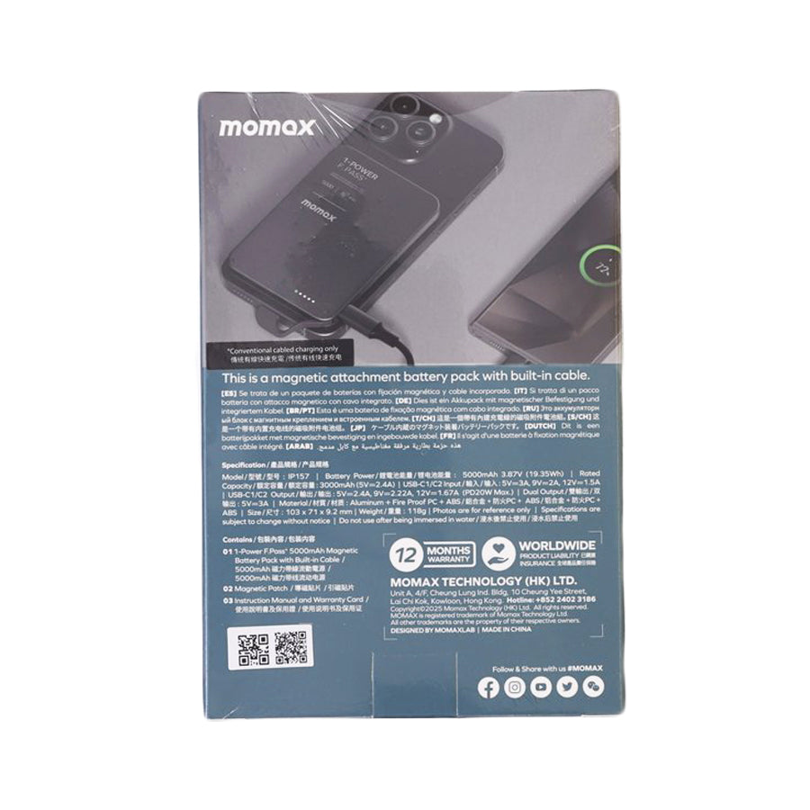MOMAX 1-Power F.Pass+ 5000mAh Powerbank with Built-in Cable - Black