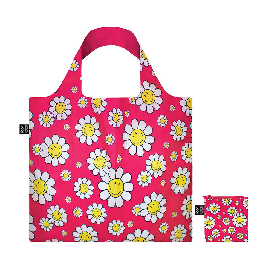 LOQI Foldable Bag - Smiley Flowers Raspberry