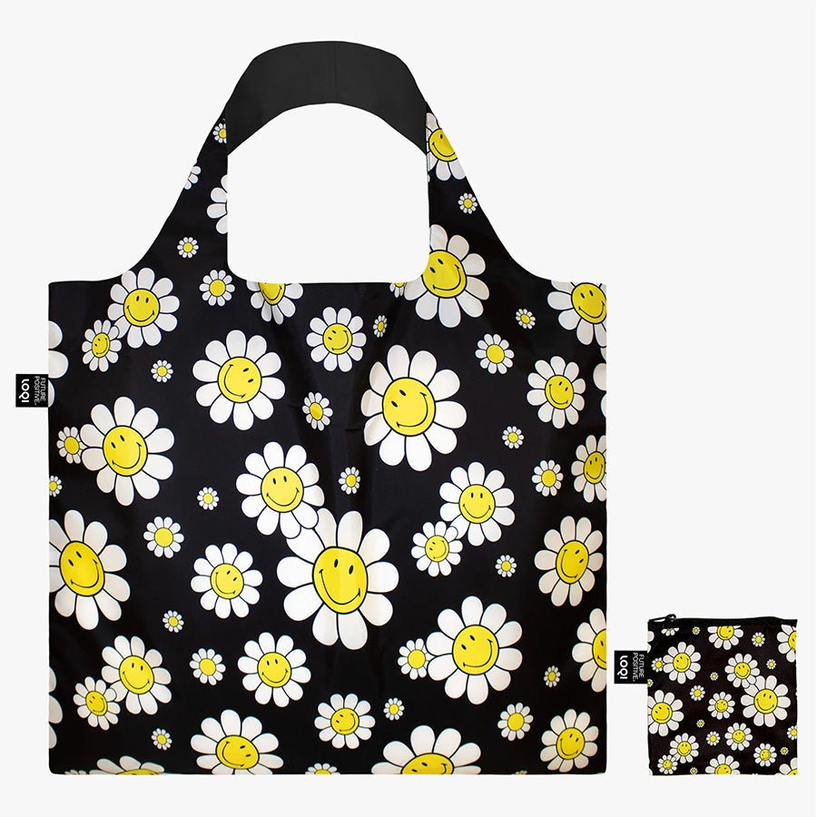 LOQI Foldable Bag-Smiley Flowers Black