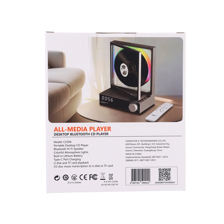 HOTT Portable Desktop Bluetooth CD Player With Remote Control Grey