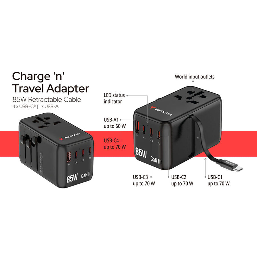 VERBATIM CHARGE 'N' TRAVEL ADAPTER 85W - BK